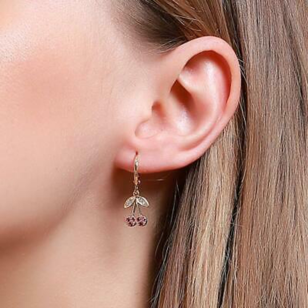 Gold Cherry Rhinestone Earrings - Picture 11 of 12